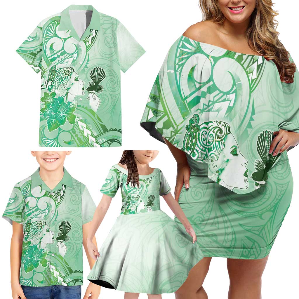Aotearoa Maori Wahine Family Matching Off Shoulder Short Dress and Hawaiian Shirt Fantail Bird Green Gold Marble