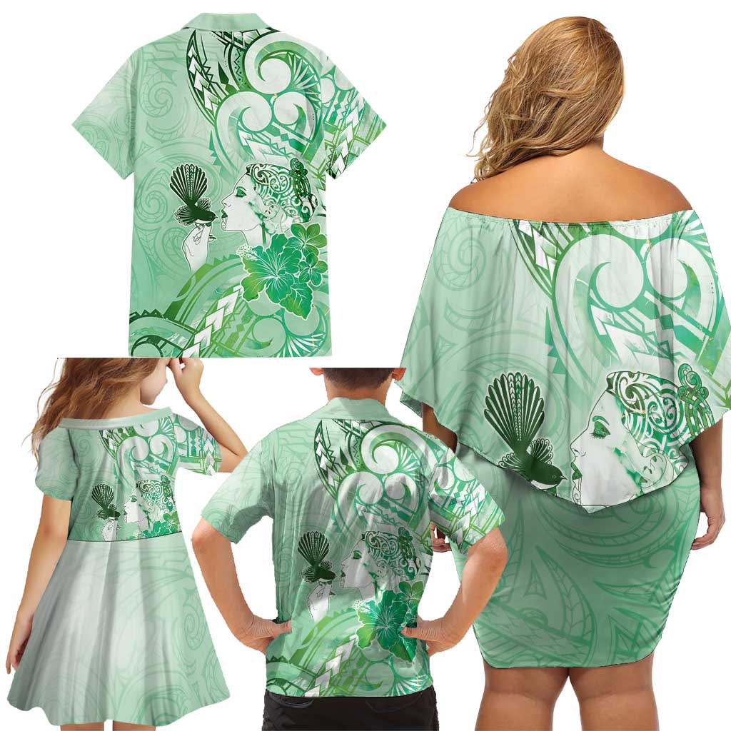 Aotearoa Maori Wahine Family Matching Off Shoulder Short Dress and Hawaiian Shirt Fantail Bird Green Gold Marble