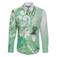 Aotearoa Maori Wahine Family Matching Off Shoulder Short Dress and Hawaiian Shirt Fantail Bird Green Gold Marble