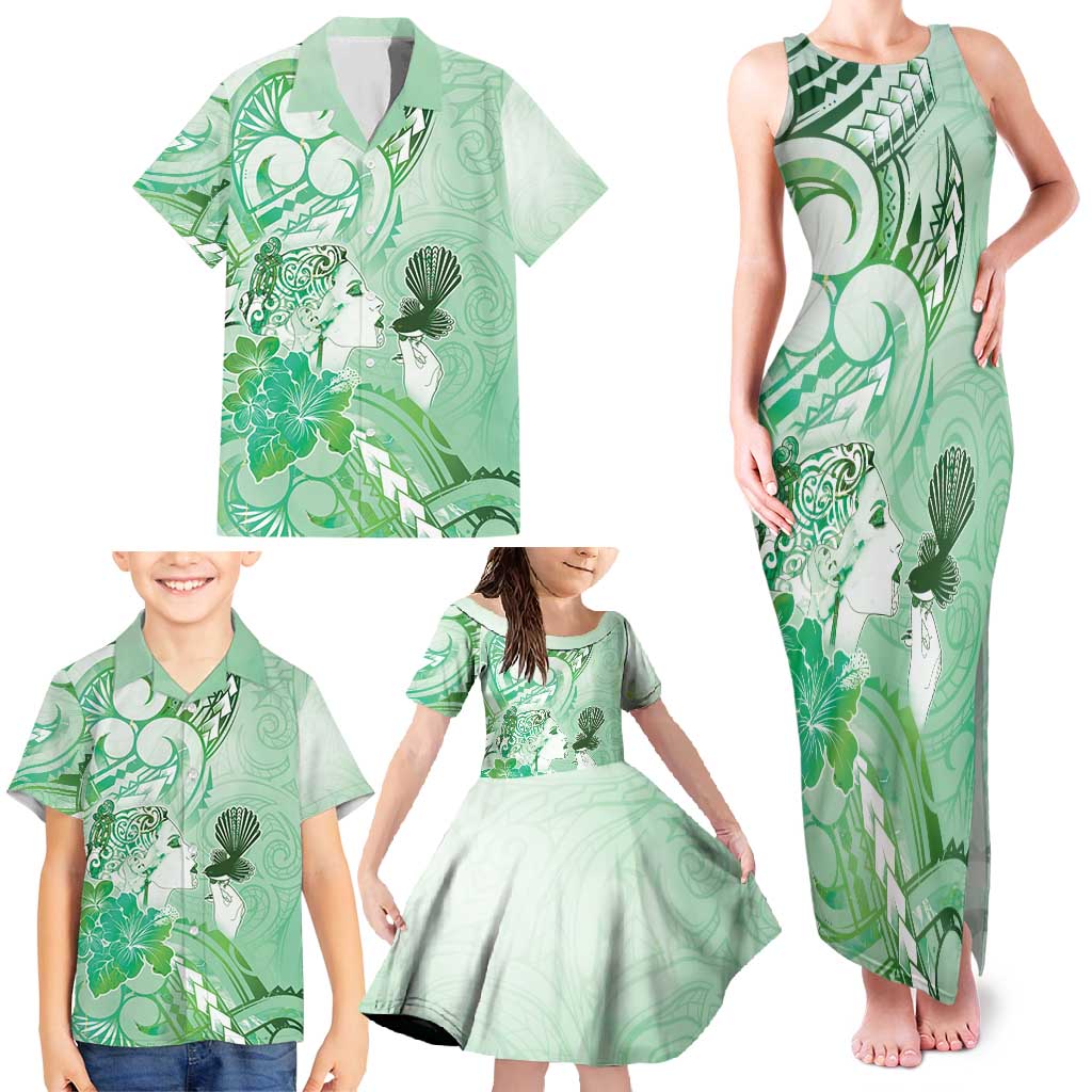 Aotearoa Maori Wahine Family Matching Tank Maxi Dress and Hawaiian Shirt Fantail Bird Green Gold Marble LT05 - Polynesian Pride