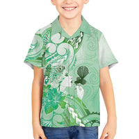 Aotearoa Maori Wahine Family Matching Tank Maxi Dress and Hawaiian Shirt Fantail Bird Green Gold Marble LT05 Son's Shirt Green - Polynesian Pride