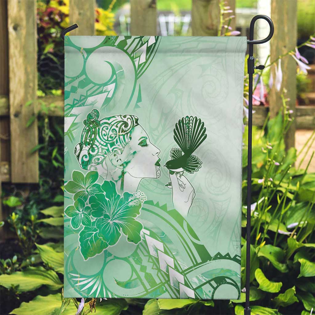 Aotearoa Maori Wahine Garden Flag Fantail Bird Green Gold Marble