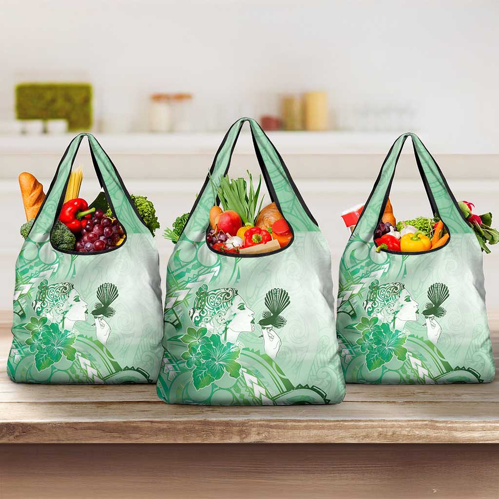Aotearoa Maori Wahine Grocery Bag Fantail Bird Green Gold Marble LT05 3-pack One Size Green - Polynesian Pride