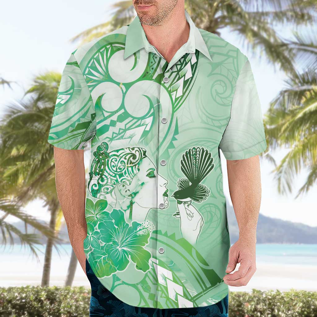 Aotearoa Maori Wahine Hawaiian Shirt Fantail Bird Green Gold Marble