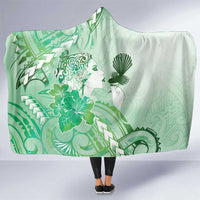 Aotearoa Maori Wahine Hooded Blanket Fantail Bird Green Gold Marble