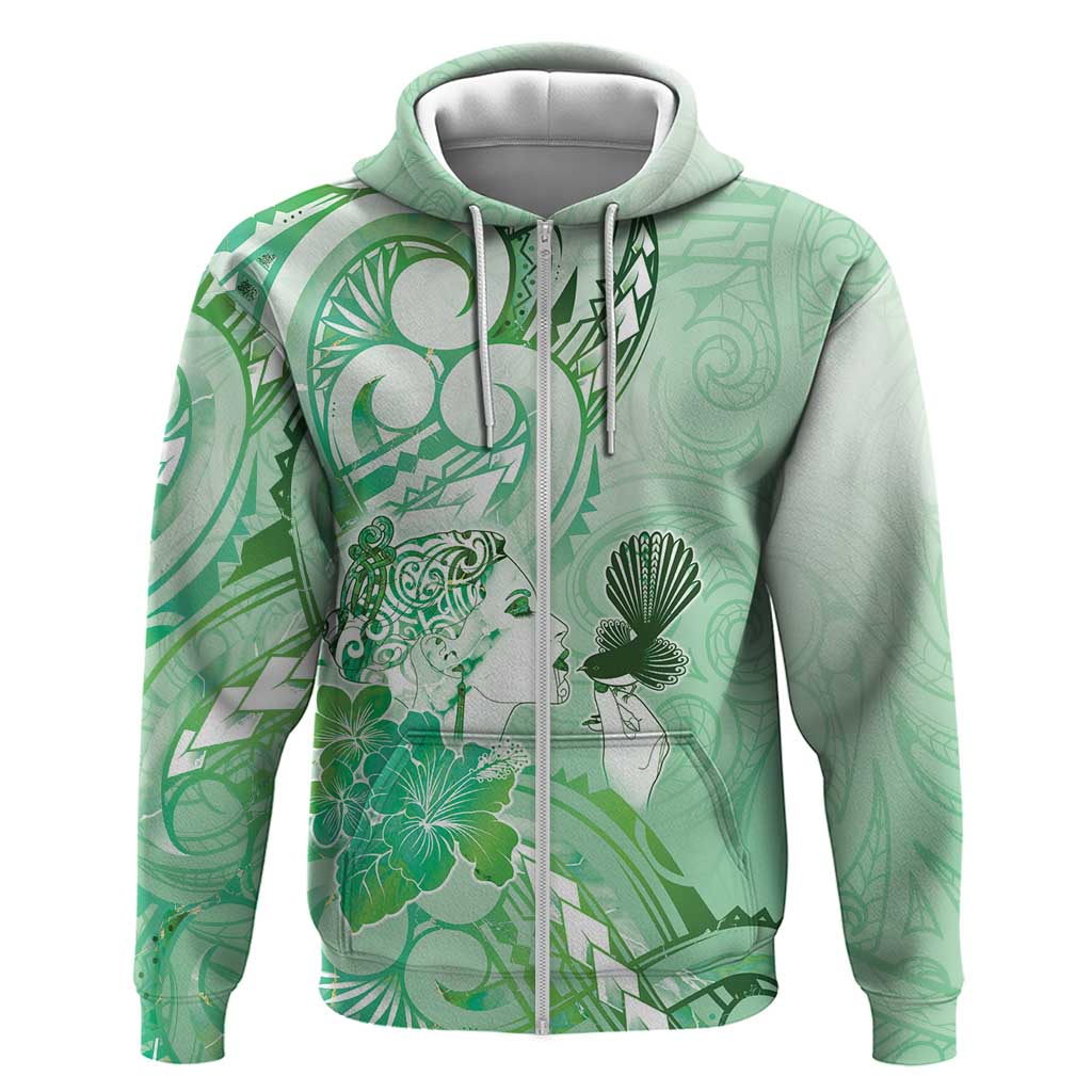 Aotearoa Maori Wahine Hoodie Fantail Bird Green Gold Marble