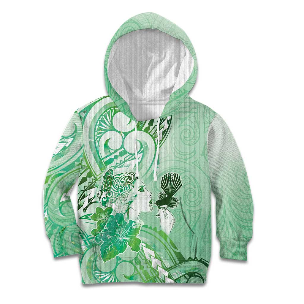 Aotearoa Maori Wahine Kid Hoodie Fantail Bird Green Gold Marble