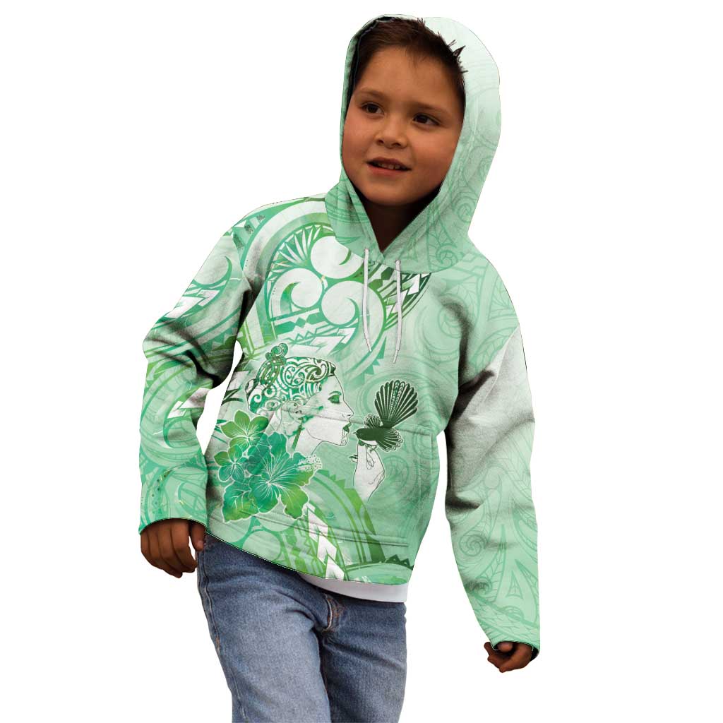 Aotearoa Maori Wahine Kid Hoodie Fantail Bird Green Gold Marble
