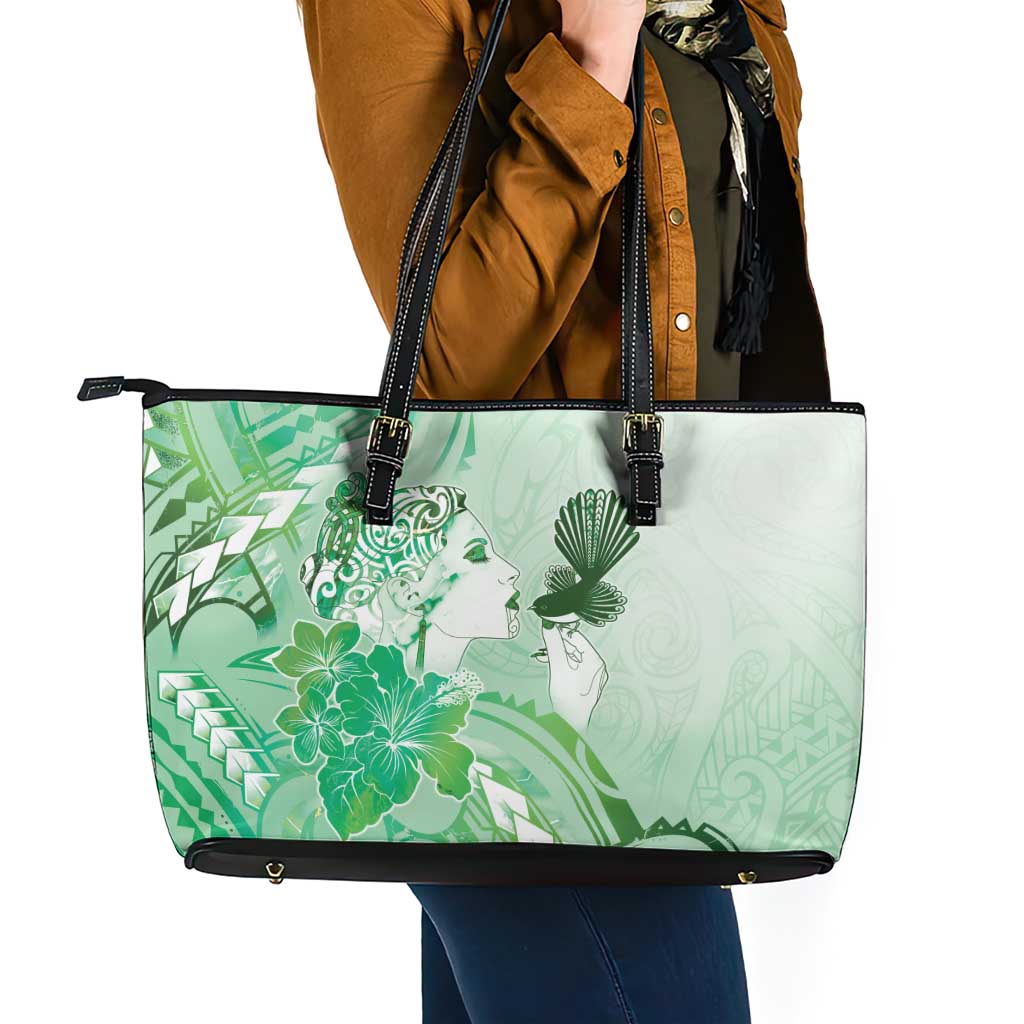 Aotearoa Maori Wahine Leather Tote Bag Fantail Bird Green Gold Marble LT05 - Polynesian Pride