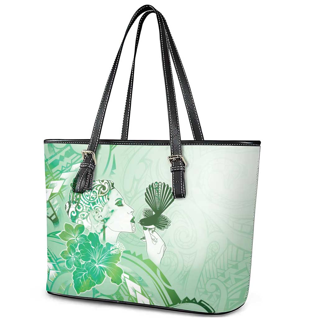 Aotearoa Maori Wahine Leather Tote Bag Fantail Bird Green Gold Marble LT05 - Polynesian Pride