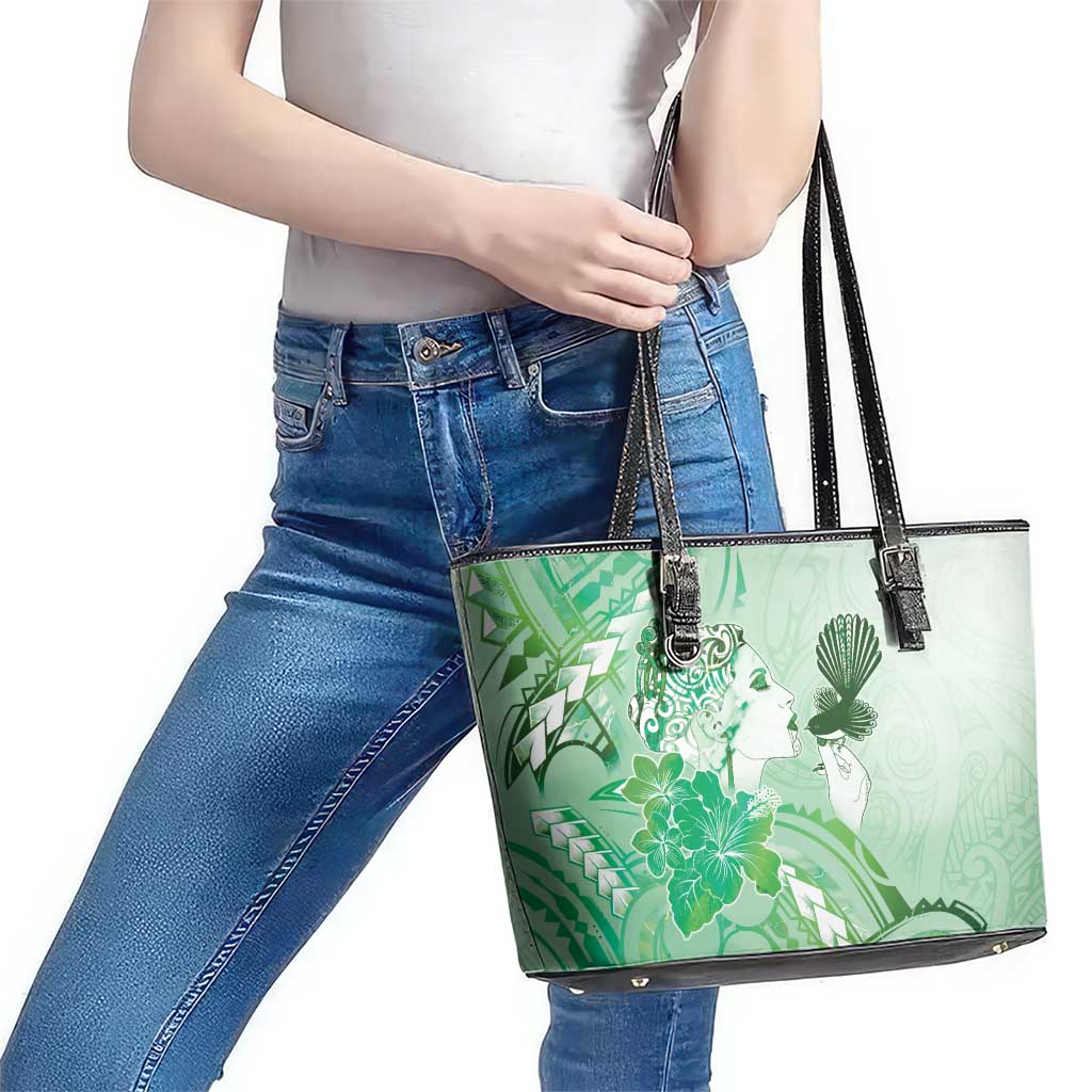 Aotearoa Maori Wahine Leather Tote Bag Fantail Bird Green Gold Marble LT05 - Polynesian Pride