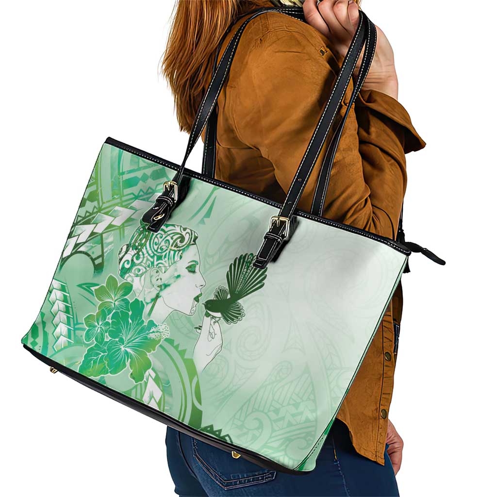 Aotearoa Maori Wahine Leather Tote Bag Fantail Bird Green Gold Marble LT05 - Polynesian Pride