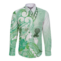 Aotearoa Maori Wahine Long Sleeve Button Shirt Fantail Bird Green Gold Marble LT05 Unisex Green - Polynesian Pride