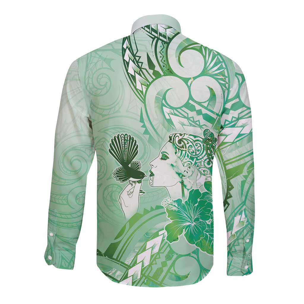 Aotearoa Maori Wahine Long Sleeve Button Shirt Fantail Bird Green Gold Marble LT05 - Polynesian Pride