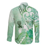 Aotearoa Maori Wahine Long Sleeve Button Shirt Fantail Bird Green Gold Marble LT05 - Polynesian Pride