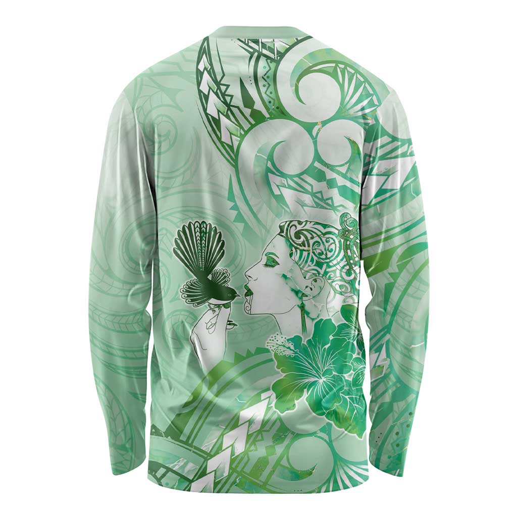 Aotearoa Maori Wahine Long Sleeve Shirt Fantail Bird Green Gold Marble