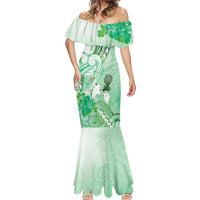 Aotearoa Maori Wahine Mermaid Dress Fantail Bird Green Gold Marble