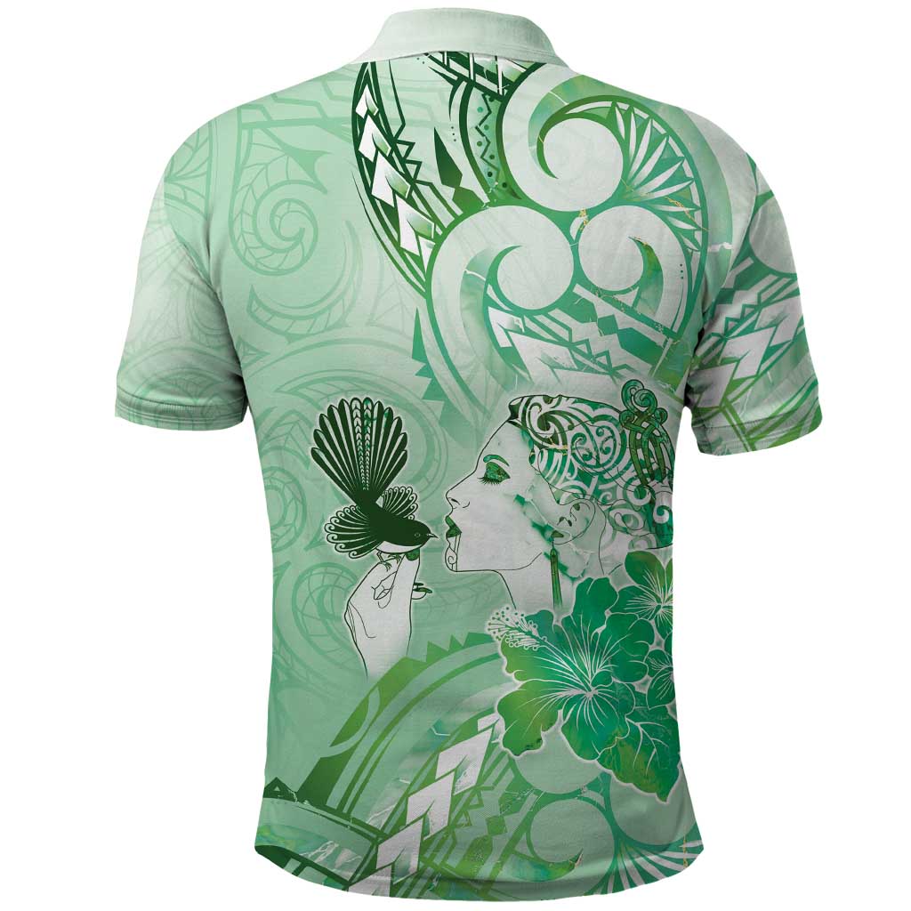 Aotearoa Maori Wahine Polo Shirt Fantail Bird Green Gold Marble