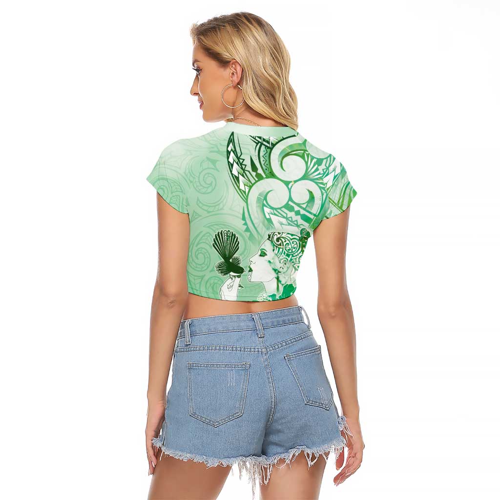 Aotearoa Maori Wahine Raglan Cropped T Shirt Fantail Bird Green Gold Marble LT05 - Polynesian Pride