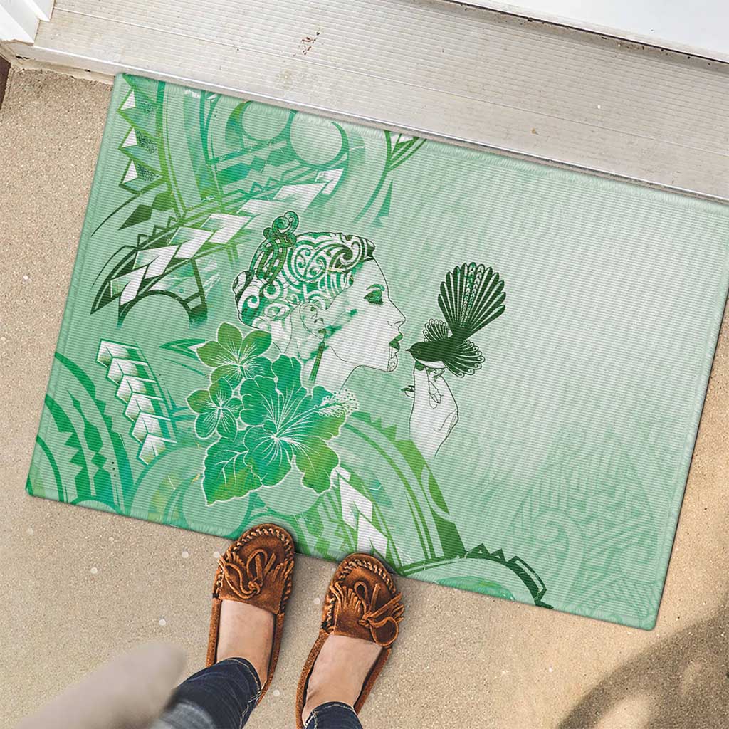 Aotearoa Maori Wahine Rubber Doormat Fantail Bird Green Gold Marble