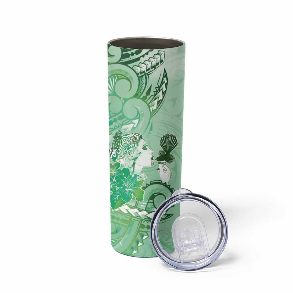 Aotearoa Maori Wahine Skinny Tumbler Fantail Bird Green Gold Marble LT05 - Polynesian Pride
