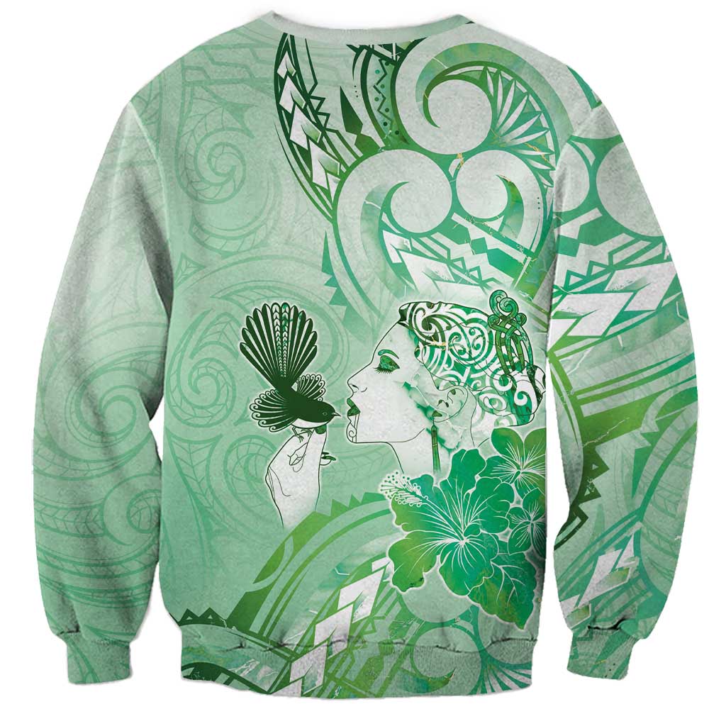 Aotearoa Maori Wahine Sweatshirt Fantail Bird Green Gold Marble LT05 - Polynesian Pride