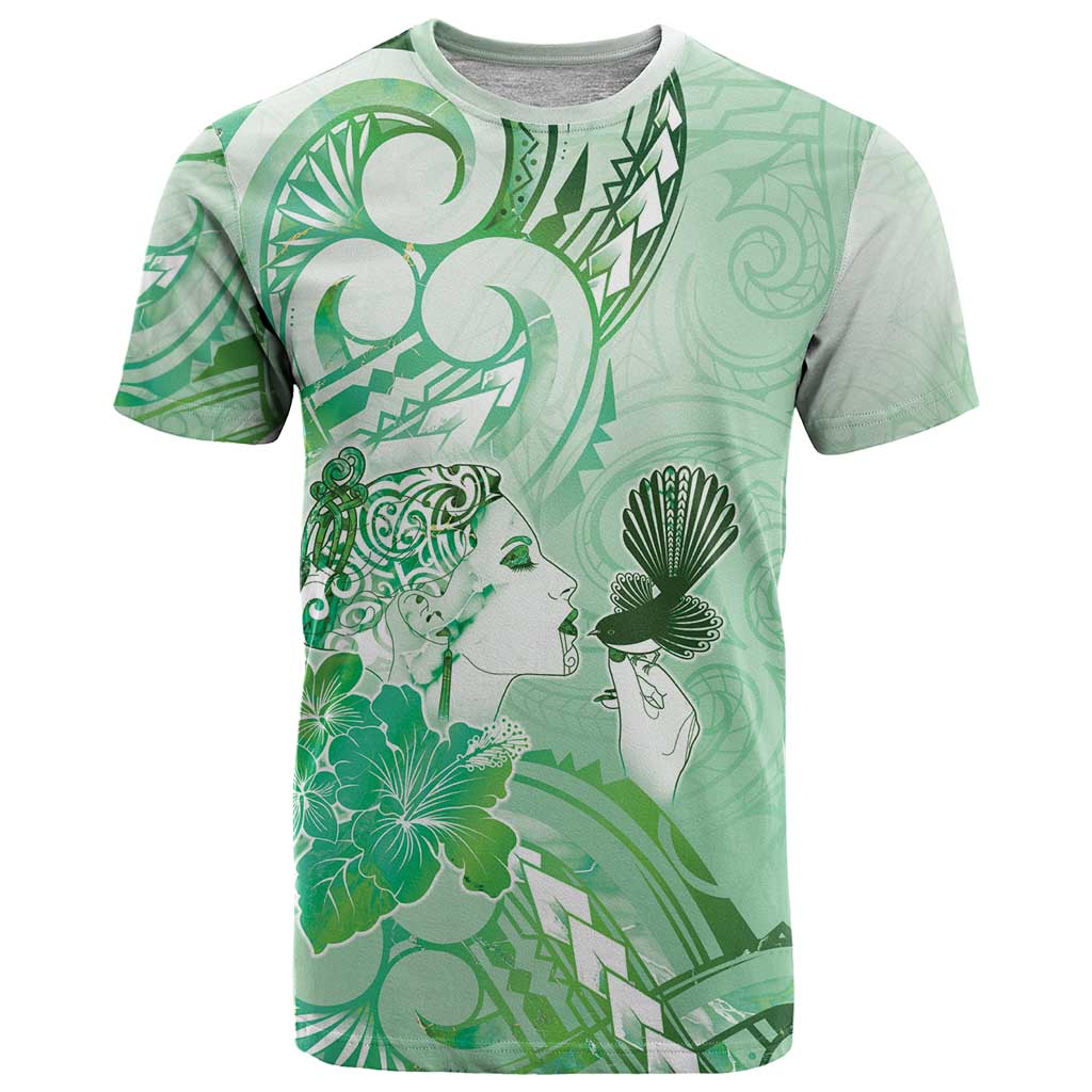 Aotearoa Maori Wahine T Shirt Fantail Bird Green Gold Marble LT05 Green - Polynesian Pride