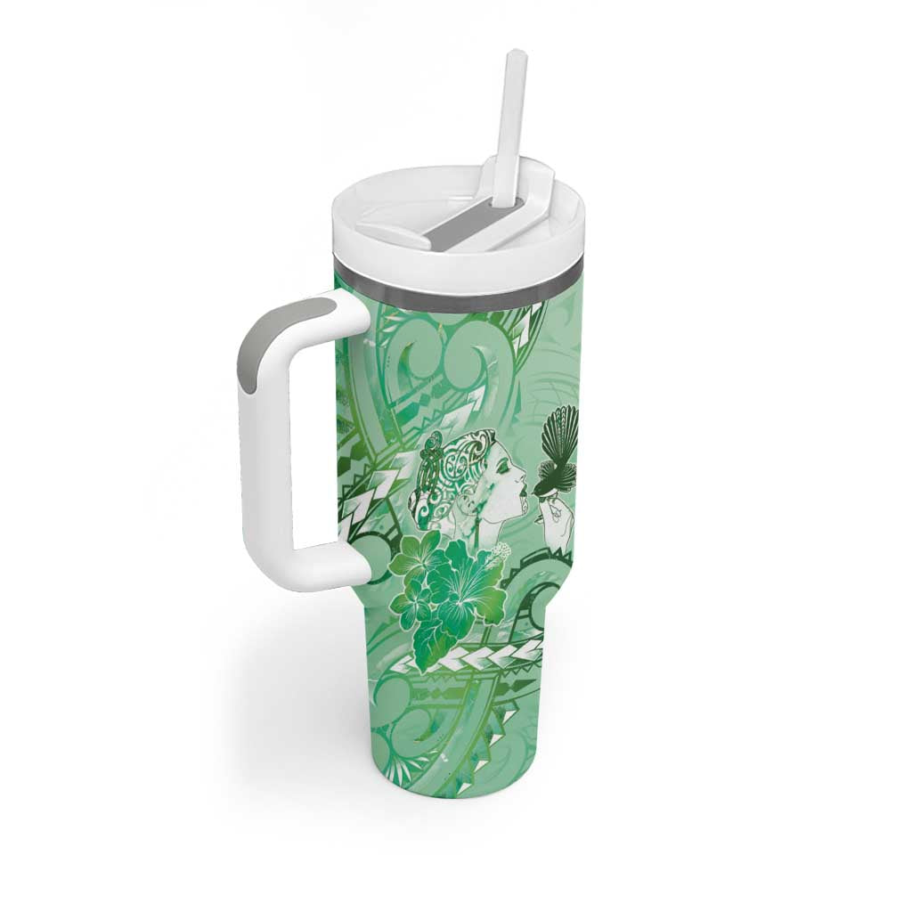Aotearoa Maori Wahine Tumbler With Handle Fantail Bird Green Gold Marble LT05 - Polynesian Pride