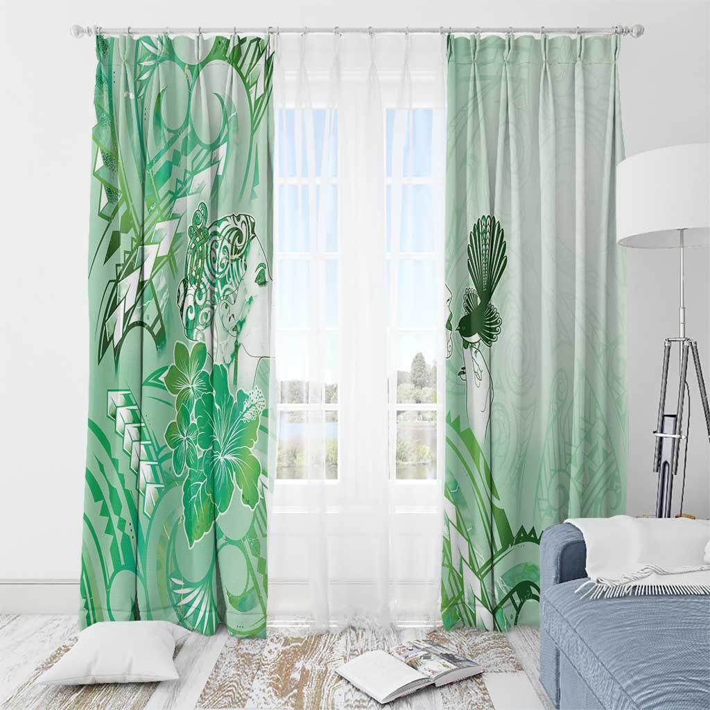 Aotearoa Maori Wahine Window Curtain Fantail Bird Green Gold Marble