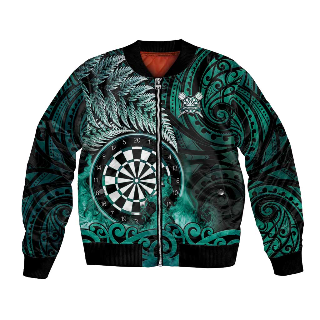 Personalised New Zealand Darts Bomber Jacket Maori Koru Dartboard Turquoise Flame LT05 Unisex Turquoise - Polynesian Pride