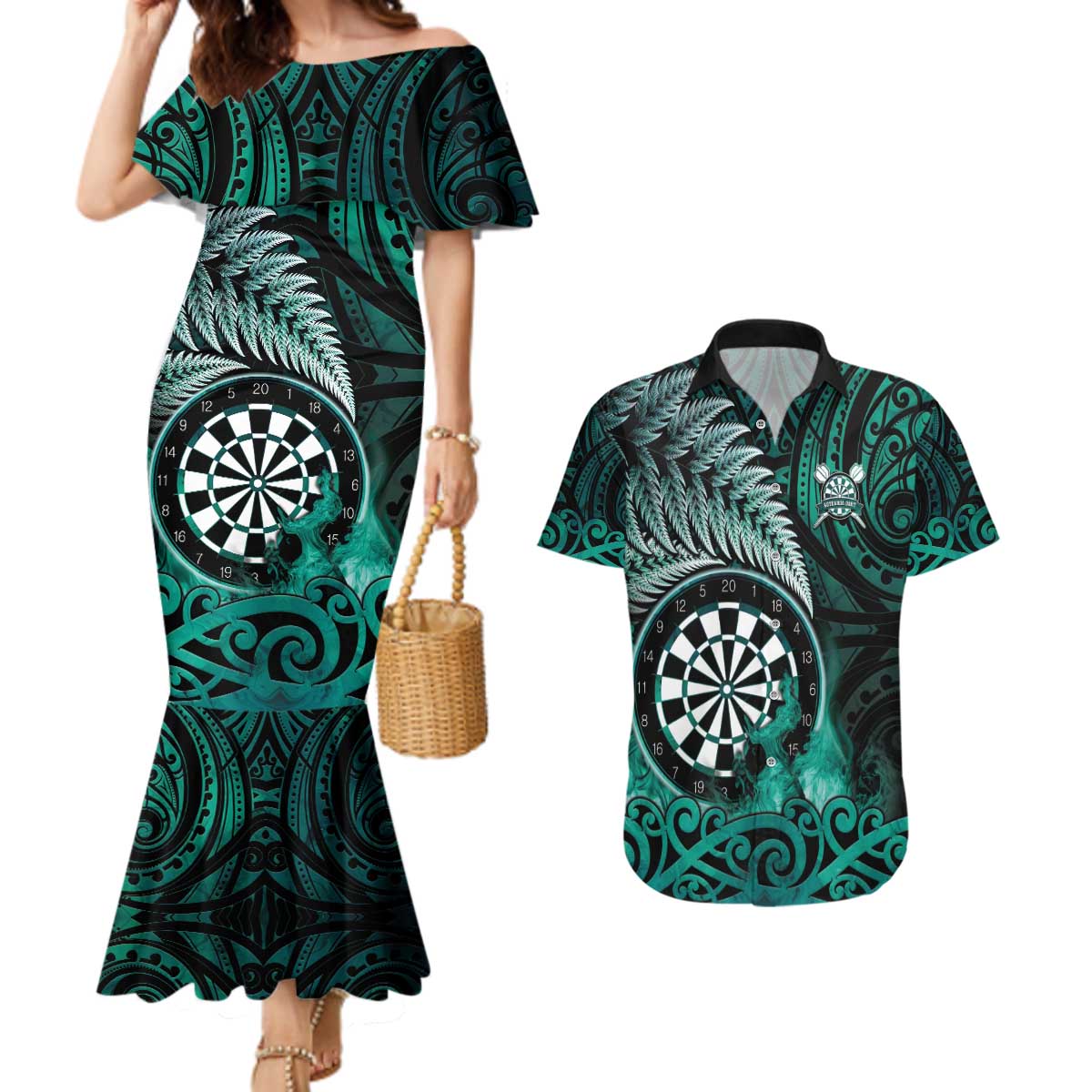 Personalised New Zealand Darts Couples Matching Mermaid Dress and Hawaiian Shirt Maori Koru Dartboard Turquoise Flame