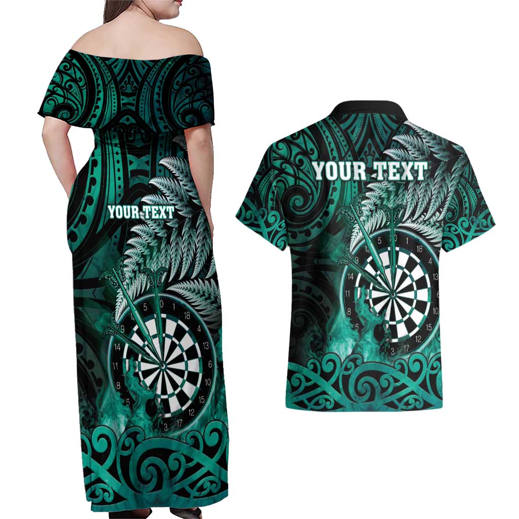 Personalised New Zealand Darts Couples Matching Off Shoulder Maxi Dress and Hawaiian Shirt Maori Koru Dartboard Turquoise Flame
