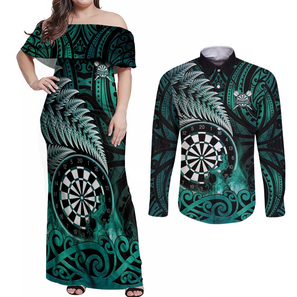 Personalised New Zealand Darts Couples Matching Off Shoulder Maxi Dress and Long Sleeve Button Shirt Maori Koru Dartboard Turquoise Flame