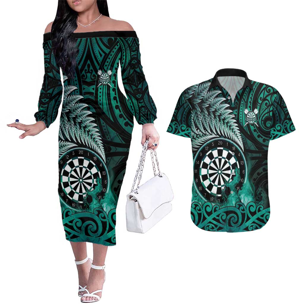 Personalised New Zealand Darts Couples Matching Off The Shoulder Long Sleeve Dress and Hawaiian Shirt Maori Koru Dartboard Turquoise Flame