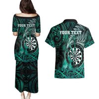Personalised New Zealand Darts Couples Matching Puletasi and Hawaiian Shirt Maori Koru Dartboard Turquoise Flame