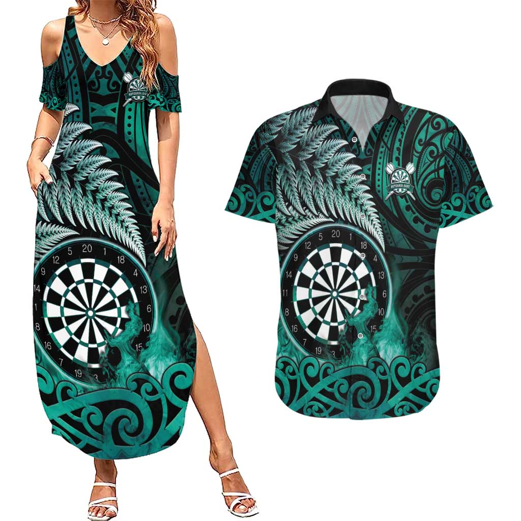 Personalised New Zealand Darts Couples Matching Summer Maxi Dress and Hawaiian Shirt Maori Koru Dartboard Turquoise Flame