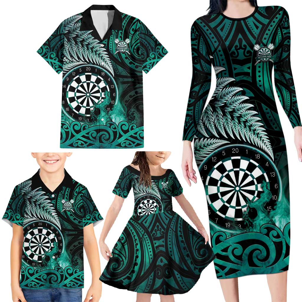 Personalised New Zealand Darts Family Matching Long Sleeve Bodycon Dress and Hawaiian Shirt Maori Koru Dartboard Turquoise Flame
