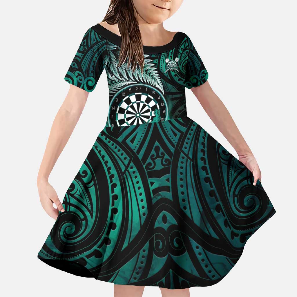 Personalised New Zealand Darts Family Matching Mermaid Dress and Hawaiian Shirt Maori Koru Dartboard Turquoise Flame LT05 Daughter's Dress Turquoise - Polynesian Pride