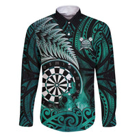 Personalised New Zealand Darts Family Matching Mermaid Dress and Hawaiian Shirt Maori Koru Dartboard Turquoise Flame LT05 Dad's Shirt - Long Sleeve Turquoise - Polynesian Pride