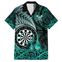 Personalised New Zealand Darts Family Matching Off The Shoulder Long Sleeve Dress and Hawaiian Shirt Maori Koru Dartboard Turquoise Flame