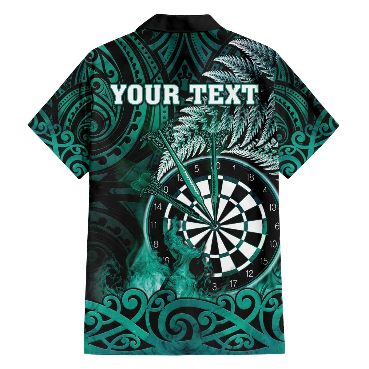 Personalised New Zealand Darts Family Matching Off The Shoulder Long Sleeve Dress and Hawaiian Shirt Maori Koru Dartboard Turquoise Flame