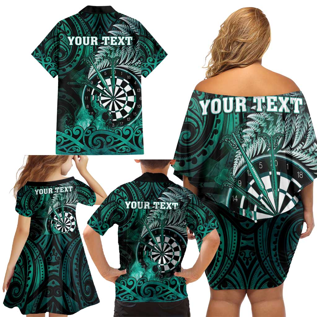 Personalised New Zealand Darts Family Matching Off Shoulder Short Dress and Hawaiian Shirt Maori Koru Dartboard Turquoise Flame