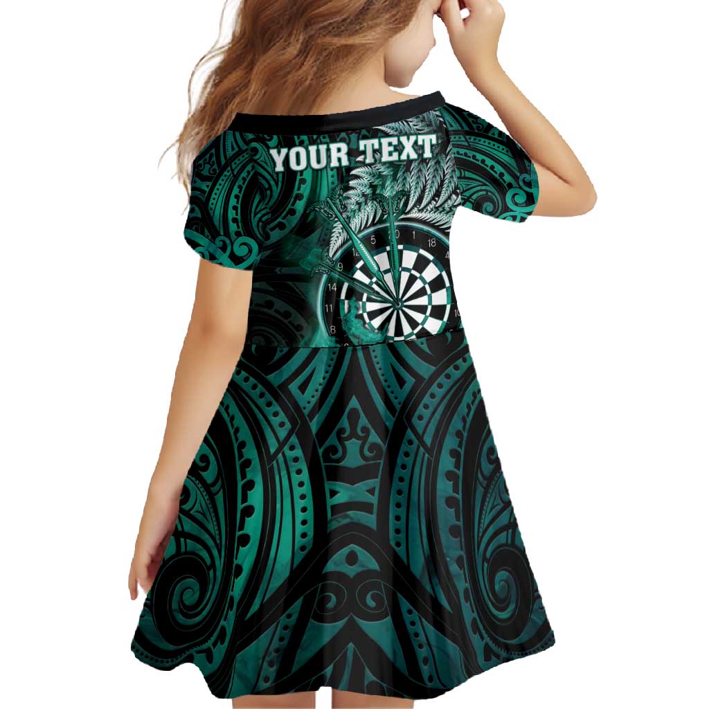 Personalised New Zealand Darts Family Matching Short Sleeve Bodycon Dress and Hawaiian Shirt Maori Koru Dartboard Turquoise Flame