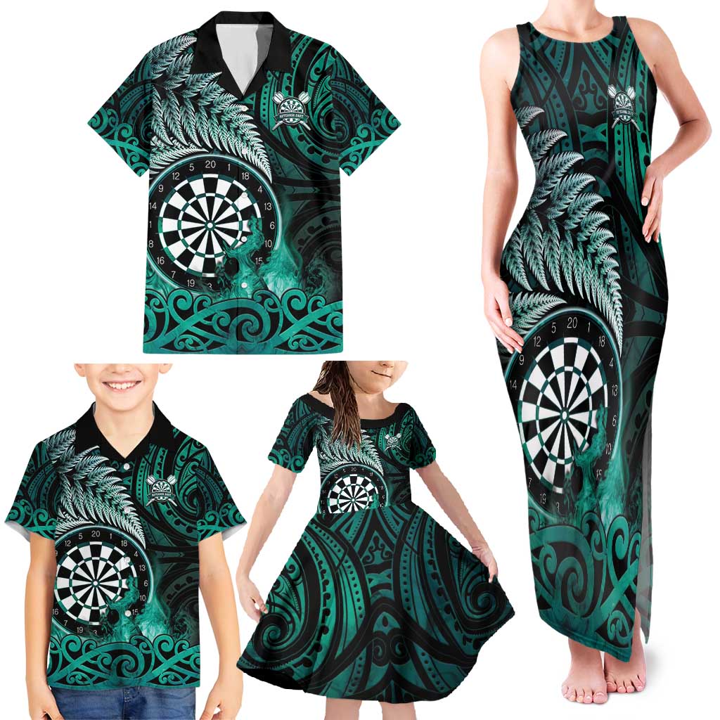 Personalised New Zealand Darts Family Matching Tank Maxi Dress and Hawaiian Shirt Maori Koru Dartboard Turquoise Flame
