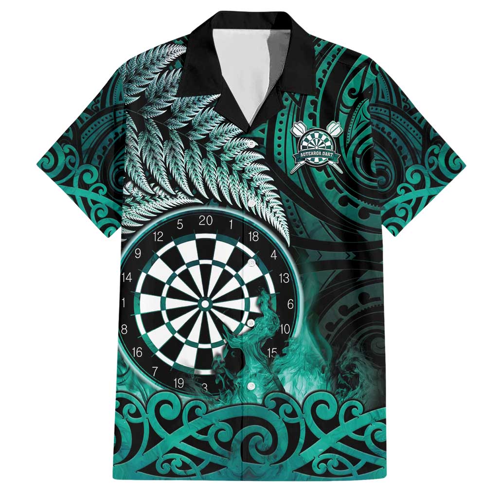 Personalised New Zealand Darts Hawaiian Shirt Maori Koru Dartboard Turquoise Flame