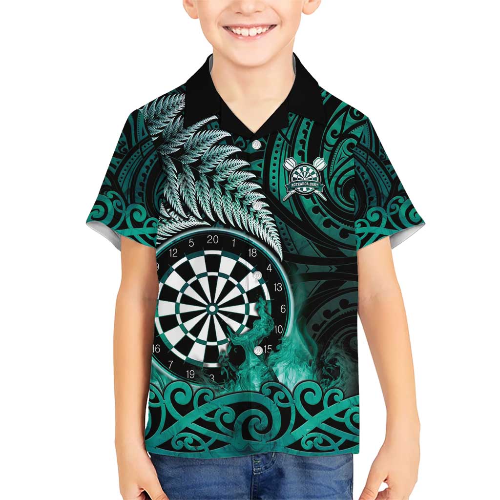 Personalised New Zealand Darts Hawaiian Shirt Maori Koru Dartboard Turquoise Flame
