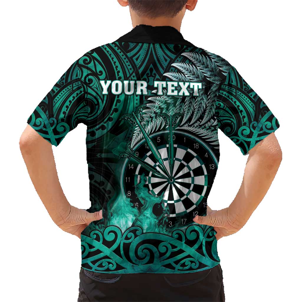 Personalised New Zealand Darts Hawaiian Shirt Maori Koru Dartboard Turquoise Flame