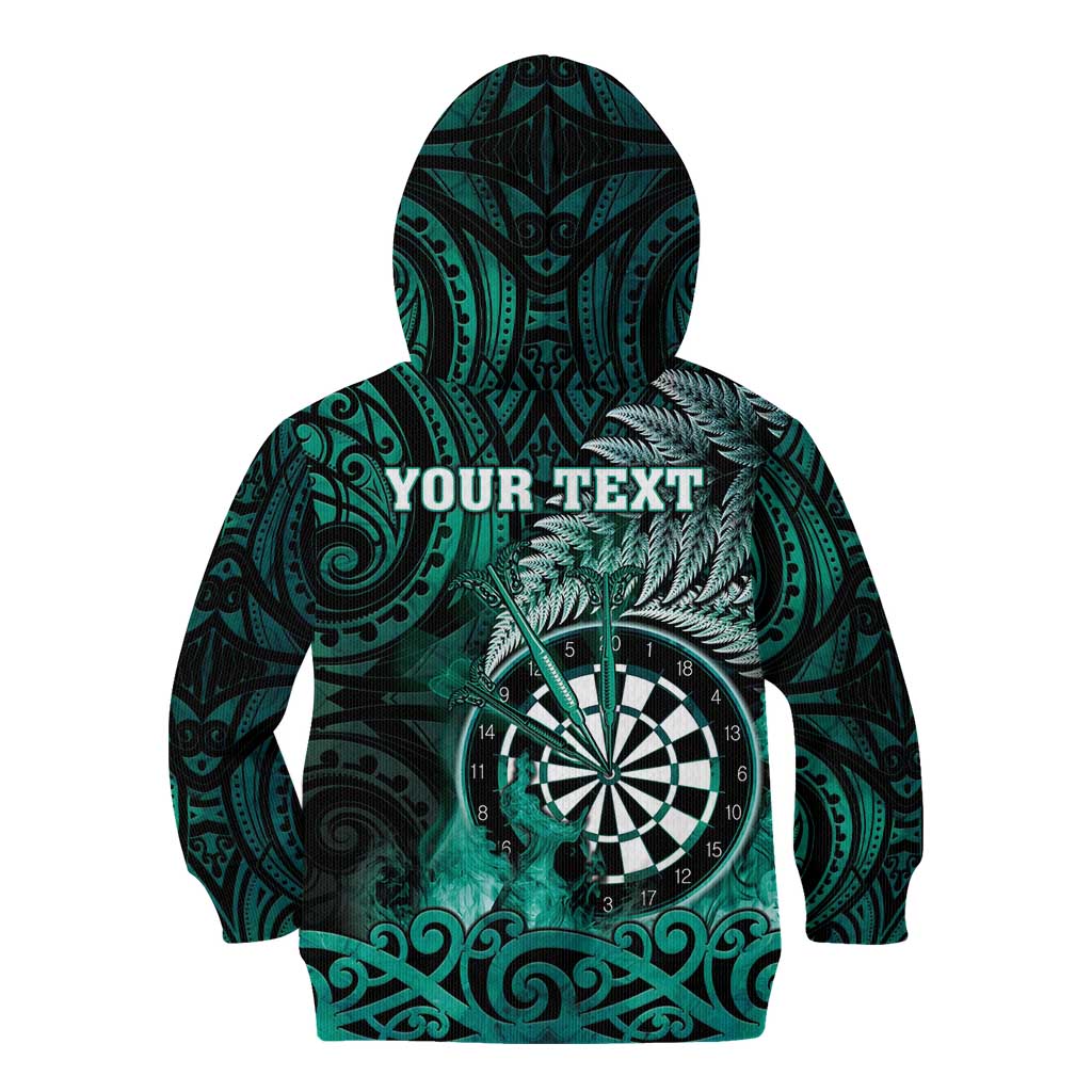 Personalised New Zealand Darts Kid Hoodie Maori Koru Dartboard Turquoise Flame