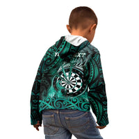 Personalised New Zealand Darts Kid Hoodie Maori Koru Dartboard Turquoise Flame