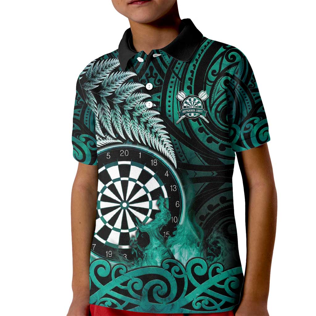 Personalised New Zealand Darts Kid Polo Shirt Maori Koru Dartboard Turquoise Flame LT05 Kid Turquoise - Polynesian Pride